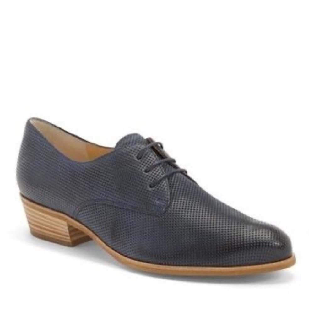 Paul Green Dale Loafer Lace Up Nubuck Leather Stacked Wood Heel Navy Career 10.5